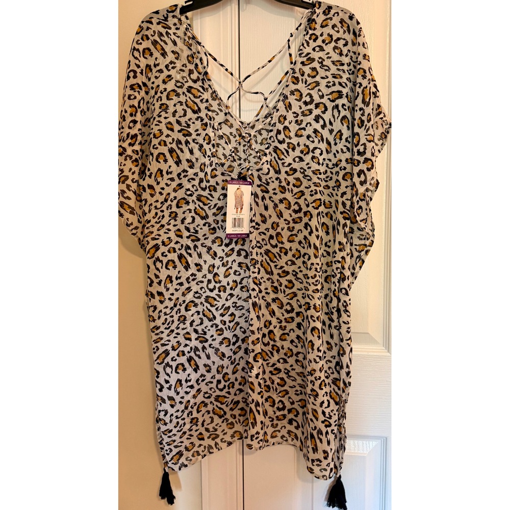 Palisades Beach Club Leopard Print Swim Cover Up Tassel Lace Up Back XL XXL